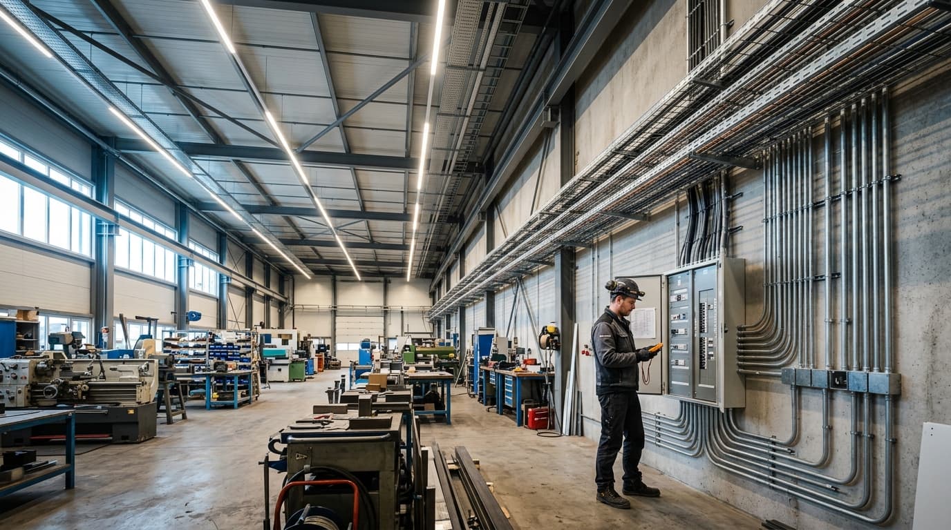 Elektriker prüft eine Verteilung in einer Gewerbehalle mit sauber verlegten Kabeltrassen